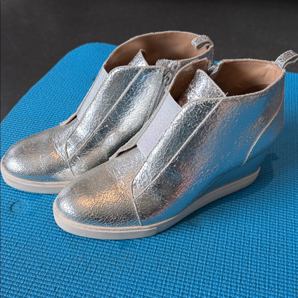 Linea Paulo Metallic Silver Wedge Sneaker Booties size 8 1/2